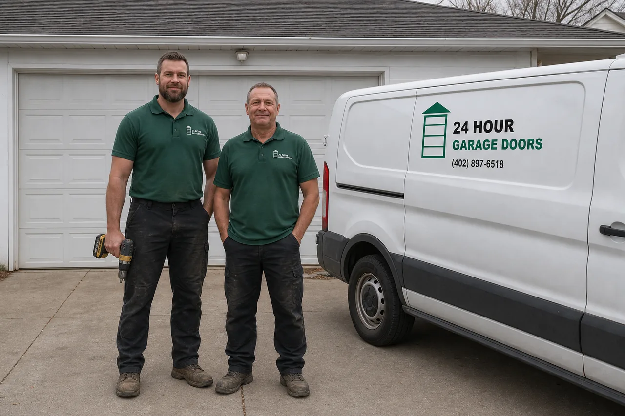 24 Hour Garage Doors technicians and service van outside a home in Omaha, NE